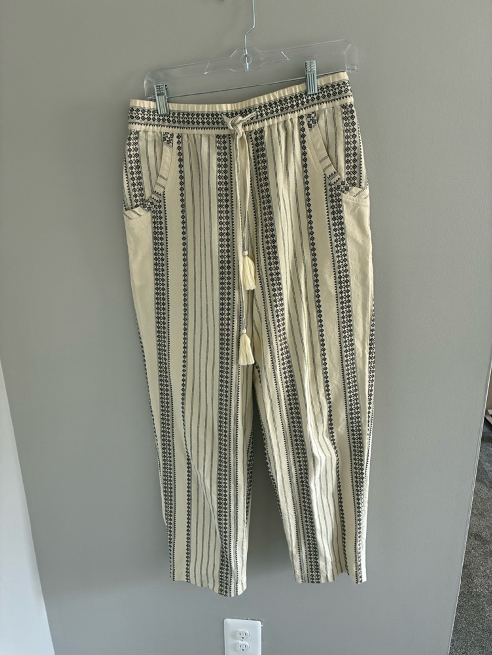 Anthropologie Cream Pants with Black Vertical Stripe Pattern